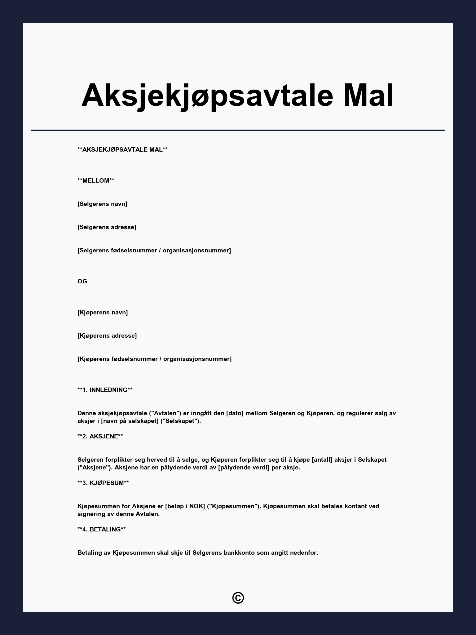 Aksjekjøpsavtale Mal