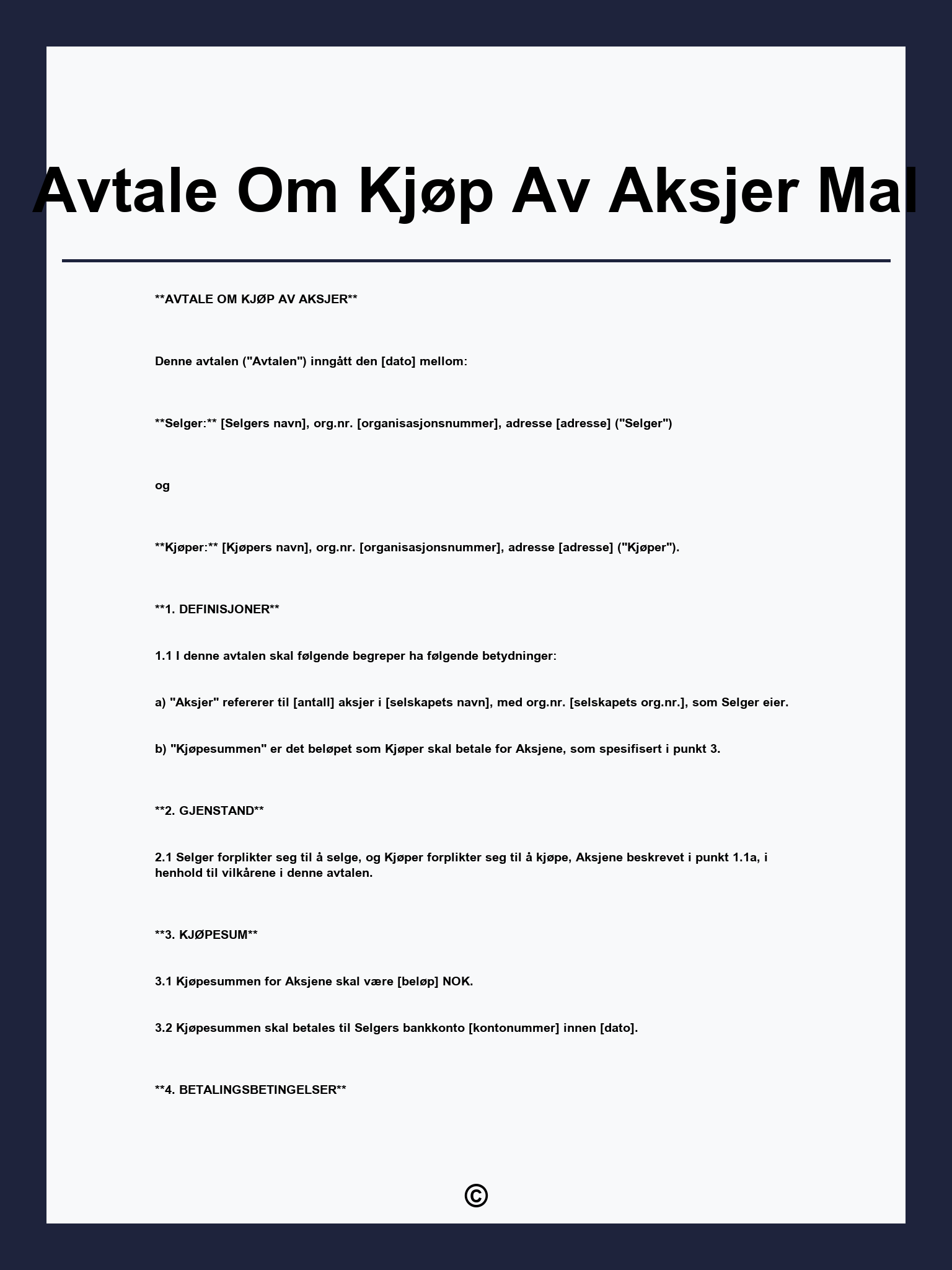 Avtale Om Kjøp Av Aksjer Mal