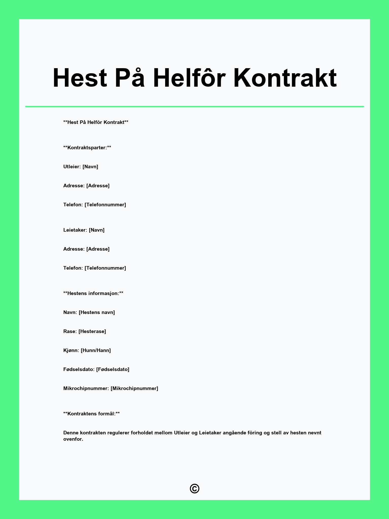 Hest På Helfôr Kontrakt