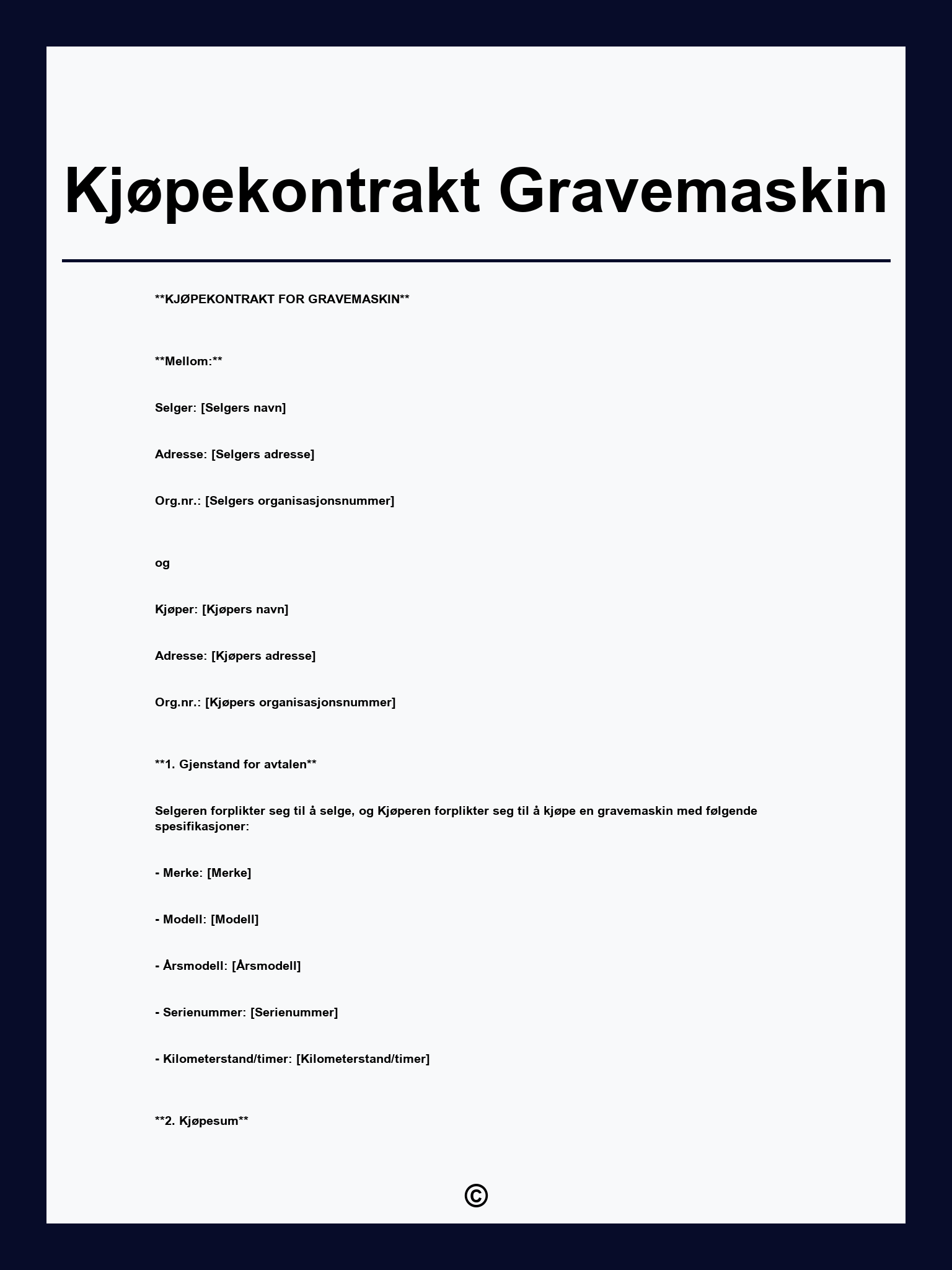 Kjøpekontrakt Gravemaskin