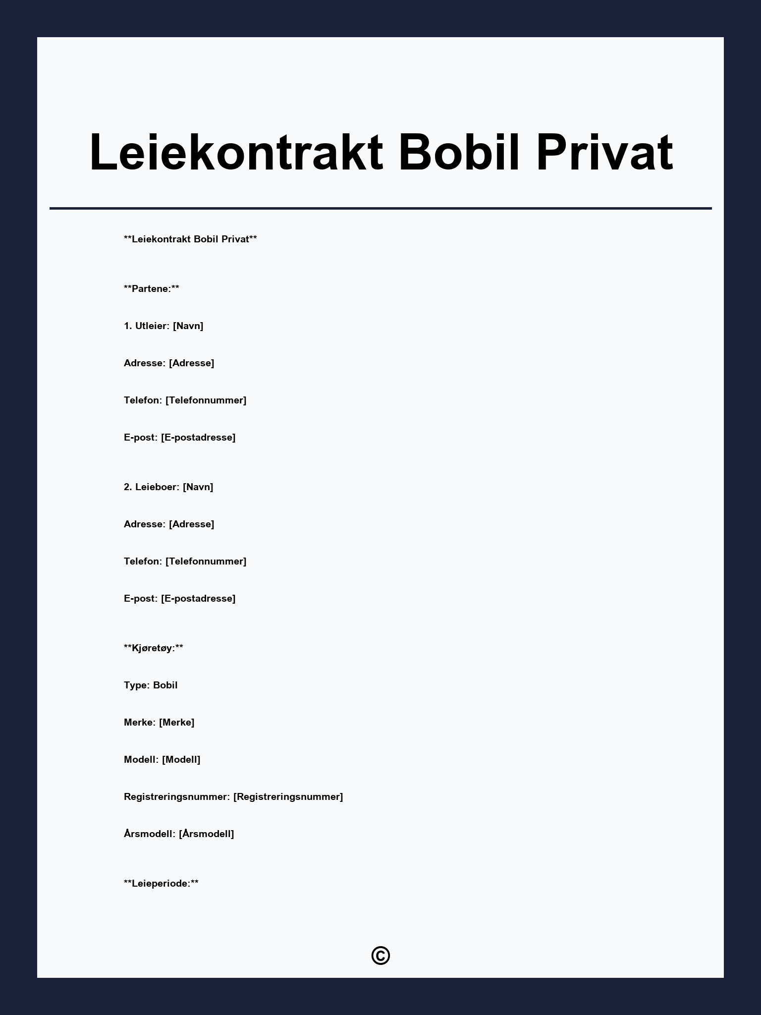 Leiekontrakt Bobil Privat