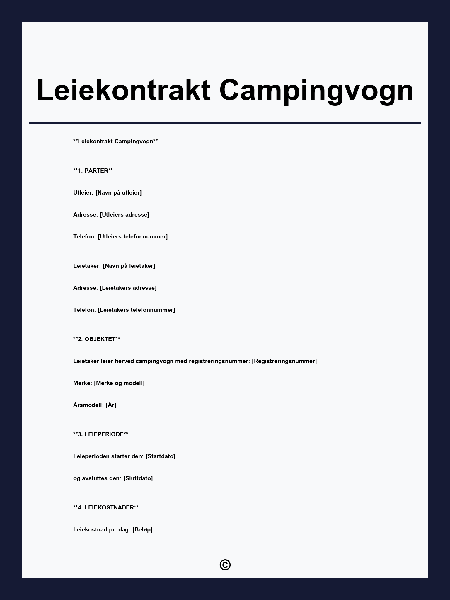 Leiekontrakt Campingvogn
