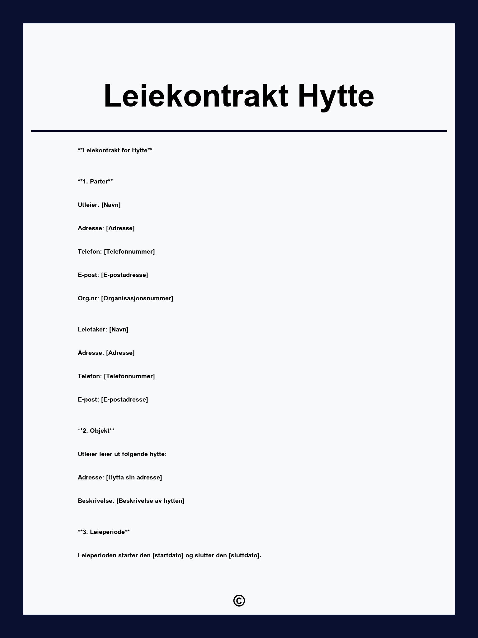 Leiekontrakt Hytte