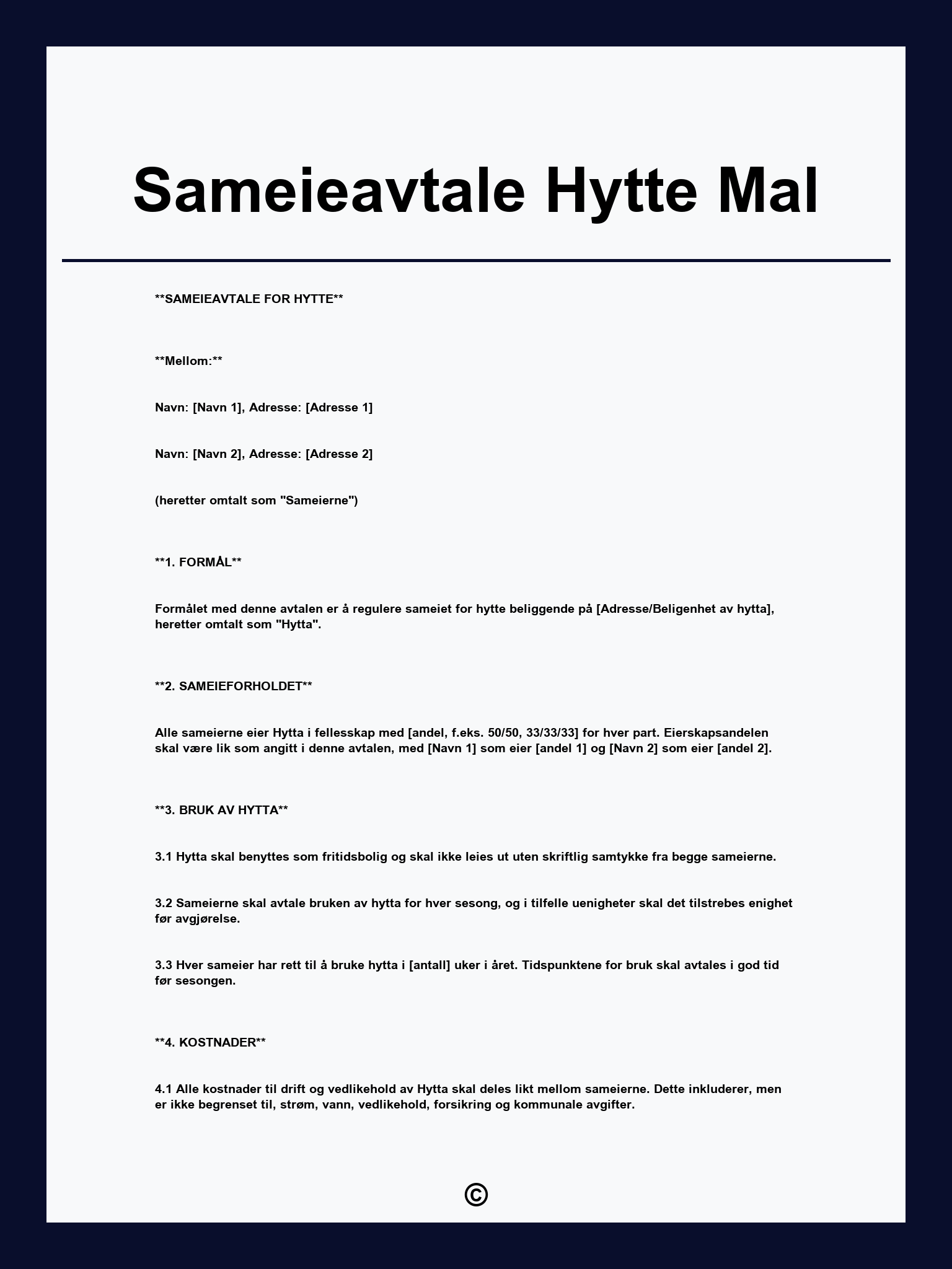 Sameieavtale Hytte Mal